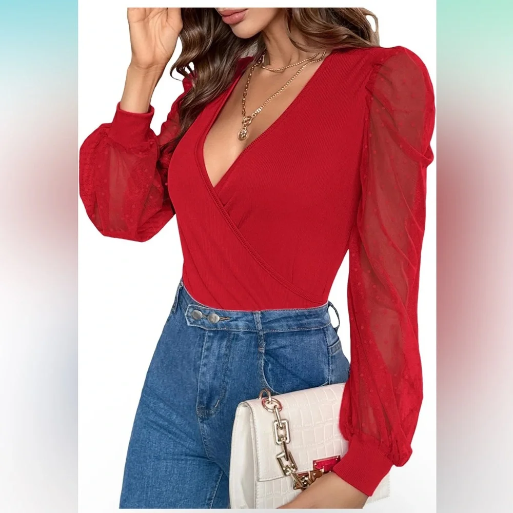 Womens Tops Deep V Neck Cross Wrap Sexy Tops Polka Dot Mesh Long Sleeve T Shirt - Picture 6 of 9